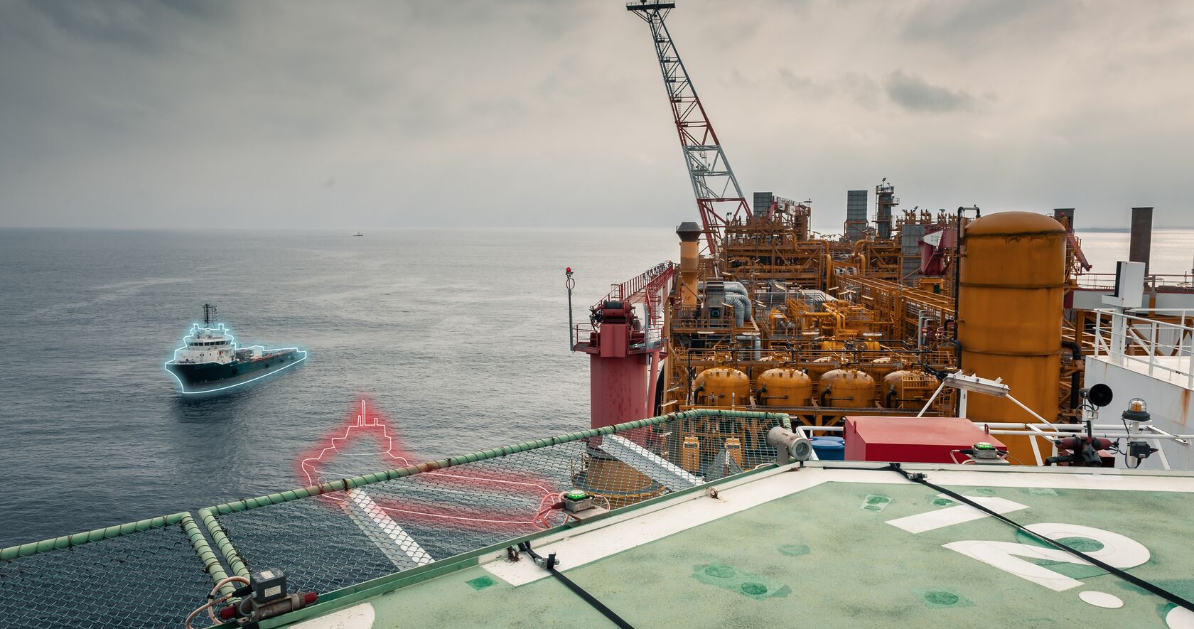 Offshore support vessel near an oil rig, outlines symbolizing the danger of a collision between the vessel and the platform.